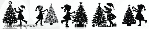 vector silhouette of a little girl decorating a Christmas tree