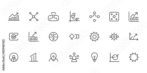 Minimalist Business and Technology Icon Set. Clean line icons set, minimal vector illustration, isolated on white background. A grid of multimedia icons representing various aspects of digital content