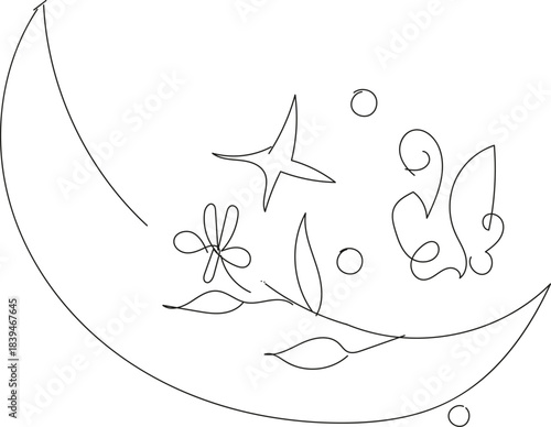 Crescent moon with stars and flowers, white