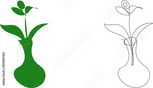 Green plant in a vase, line art and silhouette, white
