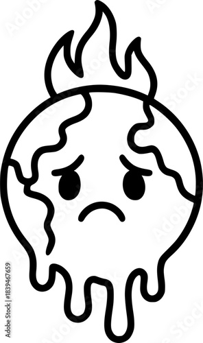 cartoon melted sad burning earth globe world sign, symbol, vector, art