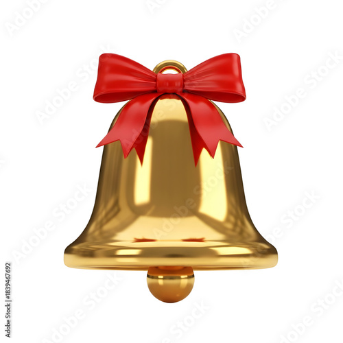 Golden Bell with Red Ribbon Isolated on White Background