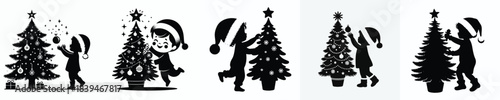 vector silhouette of a little boy decorating a Christmas tree