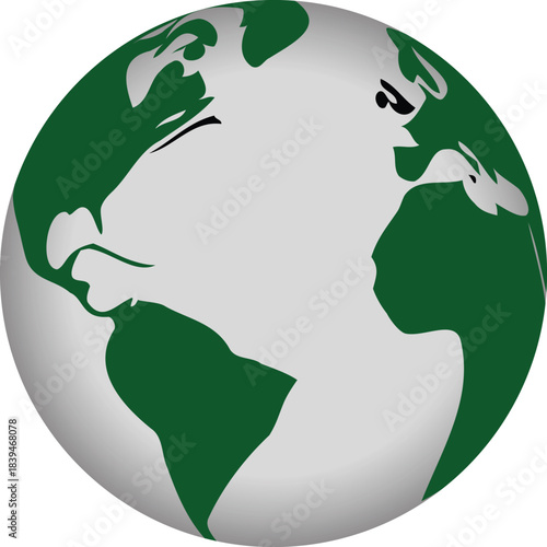 Green world map globe with bold continental silhouettes on a smooth sphere. Modern themed earth design ideal for sustainability and global concepts. Perfect for branding, and 