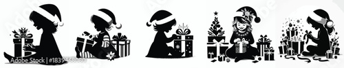vector silhouette of a little girl opening a Christmas present