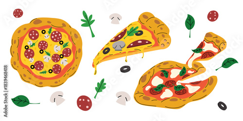 Italian fresh pizza set. Pepperoni and Margherita pizza whole and slice in simple flat hand drawn style. Restaurant and fast food delivery design template. Vector illustrations.