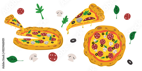 Italian fresh pizza set. Pepperoni pizza whole and slice in simple flat hand drawn style. Restaurant and fast food delivery design template. Vector illustrations.