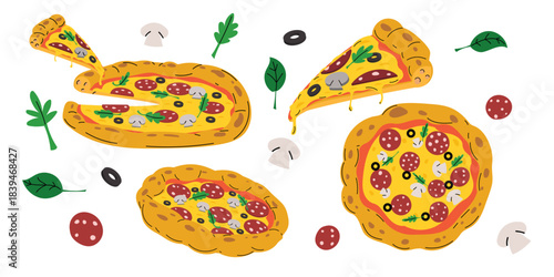 Italian fresh pizza set. Pepperoni pizza whole and slice. Best for restaurant and fast food delivery designs. Vector illustrations.