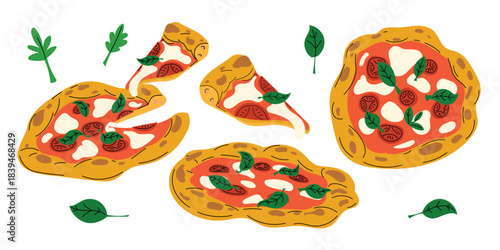 Italian fresh pizza set. Margherita pizza whole and slice. Best for restaurant and fast food delivery designs. Vector illustrations.