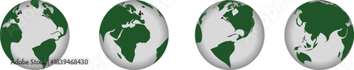 Green and white globe icons showing rotating world map views. Eco-themed earth design ideal for sustainability and global concepts. Perfect for environmental branding and digital graphics.