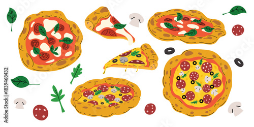 Italian fresh pizza set. Pepperoni and Margherita pizza whole and slice. Best for restaurant and fast food delivery designs. Vector illustrations.