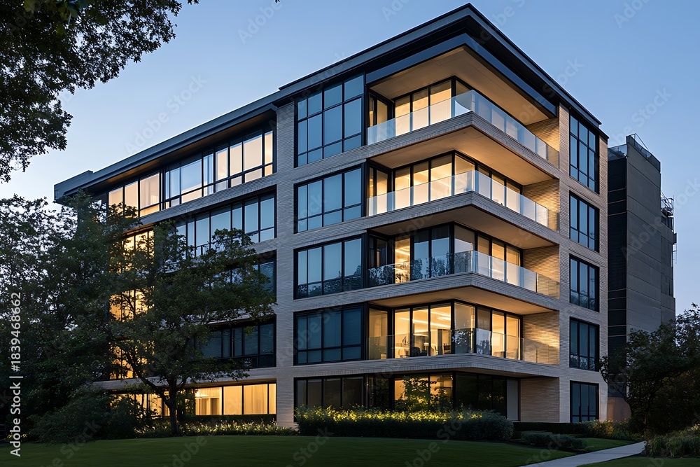 Obraz premium Multistory building with floor-to-ceiling windows, matte finish, and slim vertical metal supports 