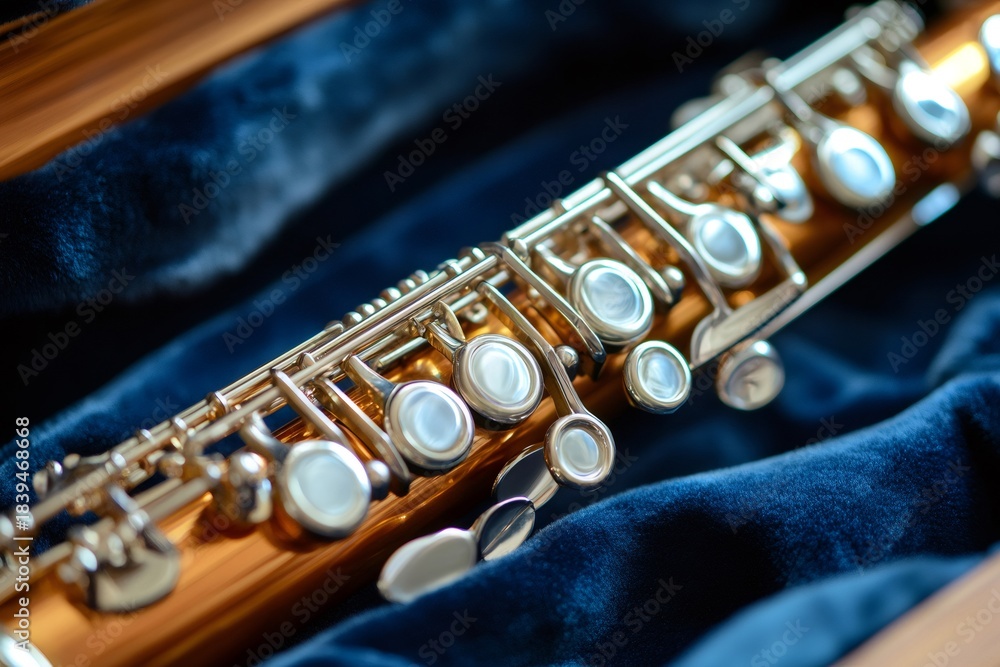 Naklejka premium Piccolo woodwind instrument resting in a velvet case