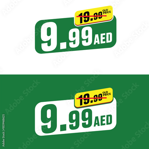 A stylish green sale price tag in vector style showing a price cut from 19.00 AED to 9.99 AED, great for eco-themed promotions, marketplace listings, and retail discount campaigns.