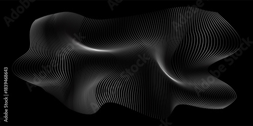 3D Vector wave lines pattern smooth curve flowing dynamic white light isolated on black background for concept of technology, digital, communication, science, music