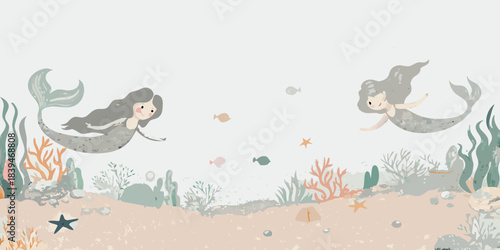 Two whimsical mermaids swim playfully amongst coral and marine life