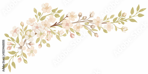 Delicate watercolor illustration of a blooming cherry blossom branch with soft petals