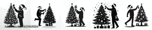 vector silhouette of a grandpa decorating a Christmas tree