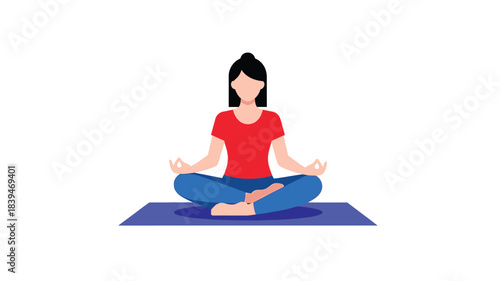 Woman meditating peacefully in lotus position on a purple yoga mat