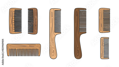 An assortment of wooden combs in various shapes and designs displayed together