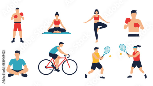 Diverse athletic figures engaging in various fitness activities and sports