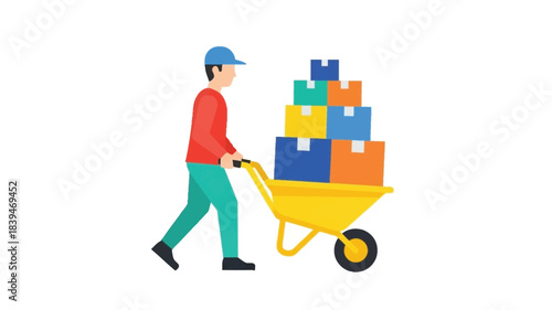 Delivery man pushing a yellow handcart stacked with colorful packages