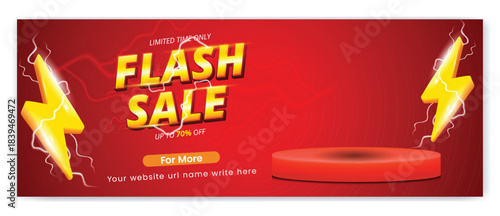 Flash sale announcement featuring a white product on a red background with lightning bolts
