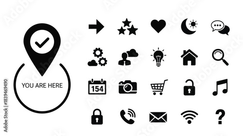 Collection of various black and white icons representing location settings and more