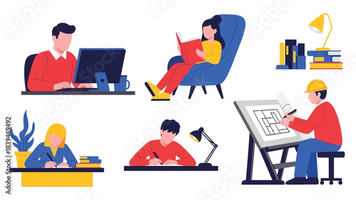 Diverse people engaged in different work and study activities indoors