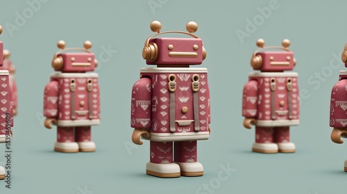 Robot Assemblage: A collection of charming robots, each with a unique design and a touch of vintage aesthetics, stand in neat formation. Displaying a sense of creativity and technological marvel.
