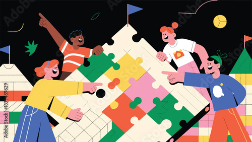 Illustration Of Diverse Group Of Four Friends Collaboratively Working On A Whimsical With Puzzle Vector Design Template