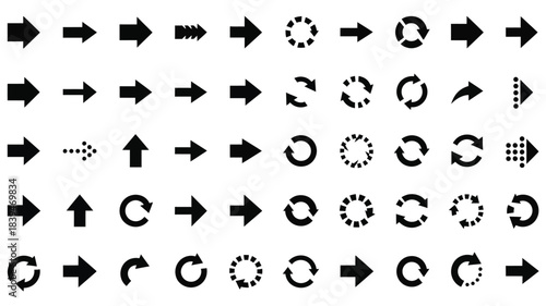 Collection of various black arrow and circular symbols on a white background
