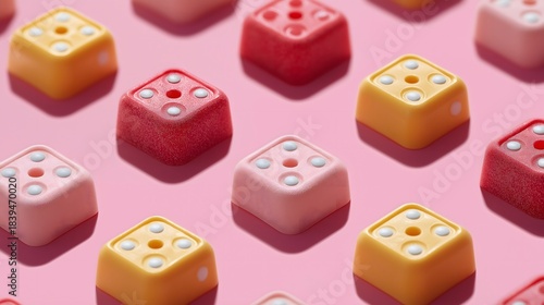 Colorful Dice Pattern: A vibrant array of colorful dice arranged in a symmetrical pattern, showcasing the unique numbers and playful nature of each individual die.