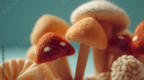 Fantasy Mushroom Assemblage: A whimsical close-up view of a diverse gathering of mushrooms, each with its own unique texture and coloration, poised against a soft background.