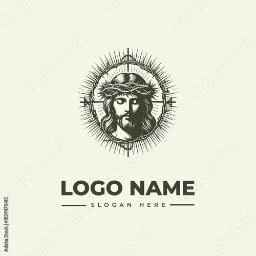Vector logo illustration of a detailed engraved Christ head, religious symbol, minimalist design, front view, graphic art concept 324.eps