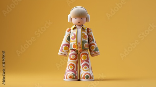 A Figurative Dreamscape: A stylized figure in retro-inspired attire adorned with headphones, set against a monochromatic backdrop. This composition plays with design.