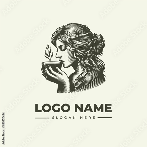 Vector logo illustration of a woman enjoying a beverage with elegant curls, hand-engraving style, lifestyle branding, side profile viewpoint