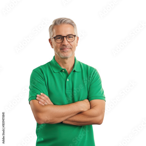 Confident middle aged man with grey hair and glasses standing with arms crossed in a green polo shirt against a black background. isolated on transparent background