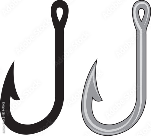 Black and Silver Fishing Hooks on White Background