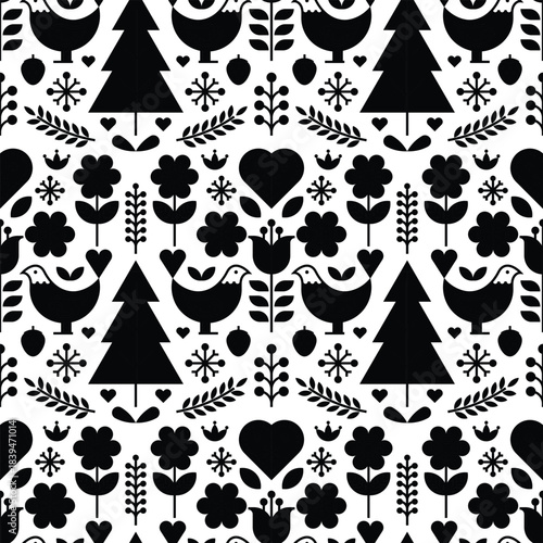 Black and White Folk Art Scandinavian Style Pattern