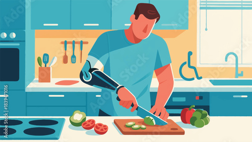 Illustration Of Man With A Prosthetic Arm Is Expertly Chopping Vegetables On A Cutting Board In A Brightly Lit Kitchen Vector Design Template
