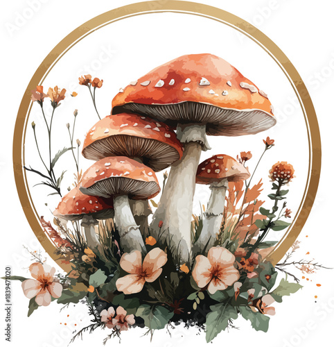 A vibrant cartoon illustration of a red fly agaric toadstool and poisonous amanita fungus isolated in the autumn forest grass with green leaves