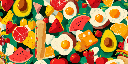 Vibrant collage of fresh fruits vegetables and fried eggs creates a whimsical and colorful food pattern