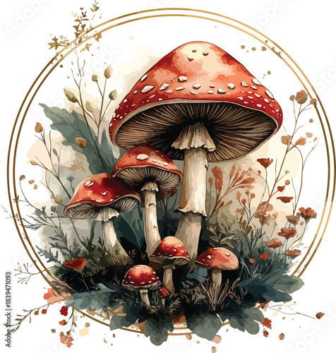 A vibrant red fly agaric toadstool sits isolated in the autumn forest grass among green leaves, creating a fantasy cartoon illustration of a poisonous fungus in nature
