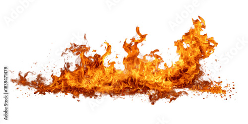 Intense bright orange and yellow flames flickering and dancing across a clean white background