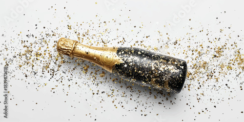 Sparkling champagne bottle adorned with glitter and confetti for a festive celebration
