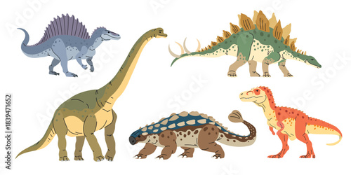 Jurassic era animals dinosaurs set. Spinosaurus; Stegosaurus; Allosaurus; Ankylosaurus; Brachiosaurus in flat modern minimalistic style. Vector illustrations.