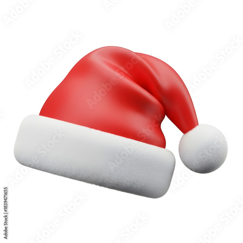 Red Christmas hat with white trim and pompom on a white background 