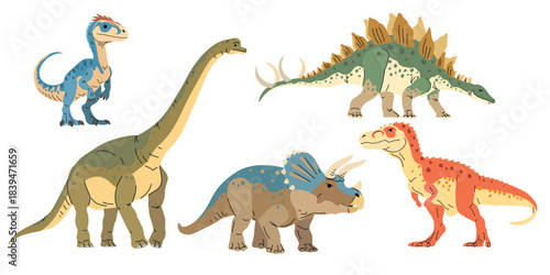 Jurassic era animals dinosaurs set. Velociraptor, Stegosaurus, Allosaurus, Brachiosaurus, Triceratops in flat modern minimalistic style. Vector illustrations.