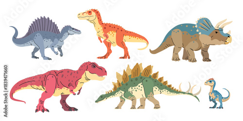 Jurassic era animals dinosaurs set. Triceratops; Tyrannosaurus; Ankylosaurus; Spinosaurus; Stegosaurus; Allosaurus; Velociraptor in flat modern minimalistic style. Vector illustrations.